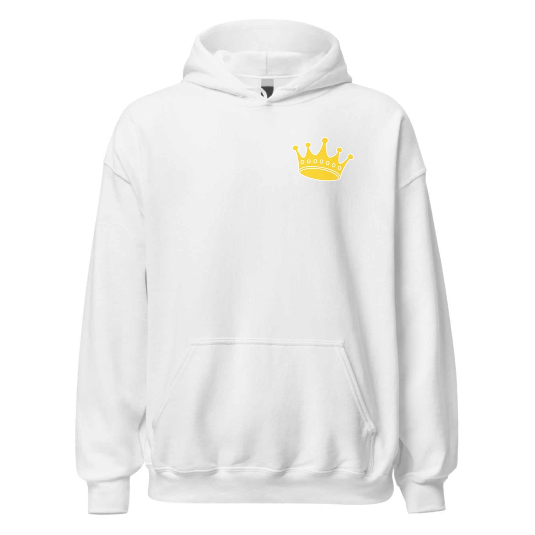Oversize Hoodie blanc avec capuche et poche avant, motif couronne jaune, style streetwear confortable et décontracté